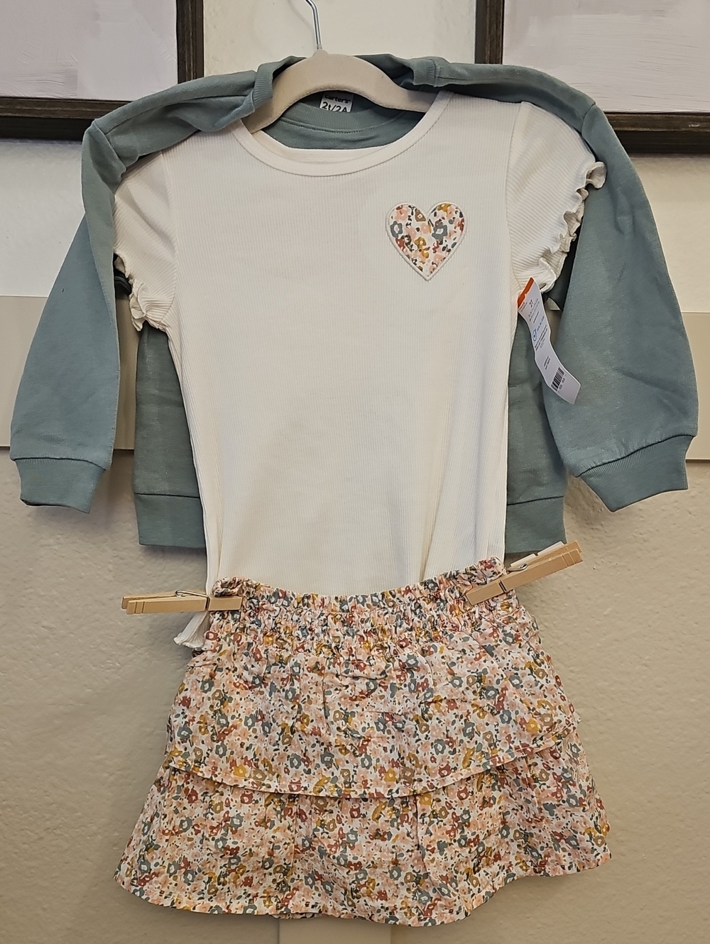 Carter's Cream Top with Floral Tiered Skirt and Sage Crewneck
